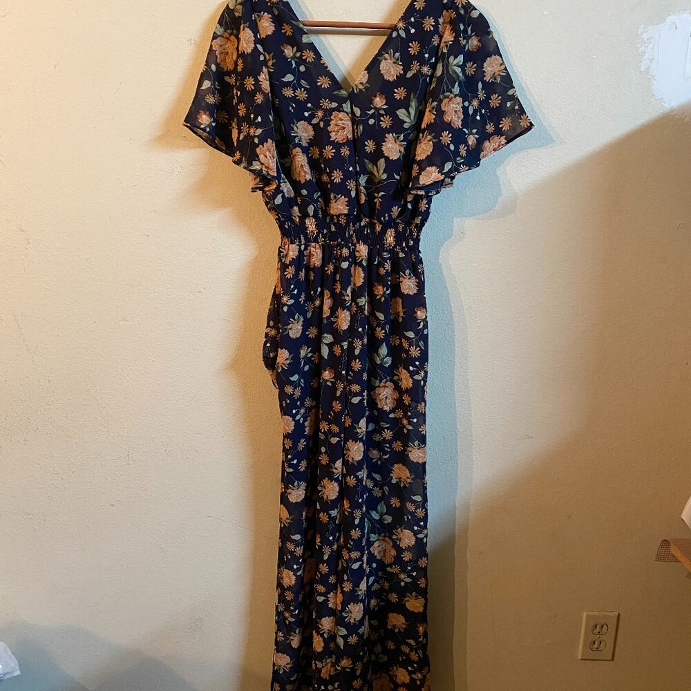 NO BRAND SMALL NAVY BLUE FLORAL TEXTURED WIDE-LEG JUMPSUIT